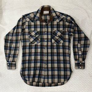 Vintage 70s Pendleton Western Wear Pearl Snap Plaid Wool Shirt Made Size Medium